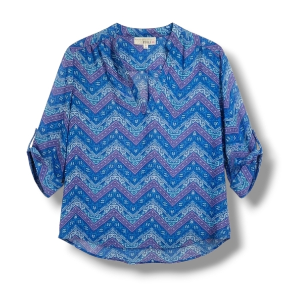 Derek Heart Tops - Derek Heart Women’s Blue Chevron Semi-Sheer V-Neck Long Sleeve Blouse | Size M